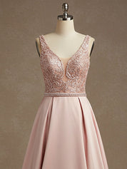 Pink A-line V-Neck Floor-Length Satin Lace Prom Dress With Sequins