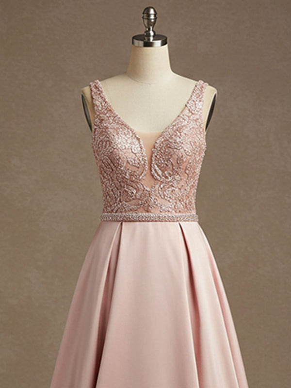 Pink A-line V-Neck Floor-Length Satin Lace Prom Dress With Sequins