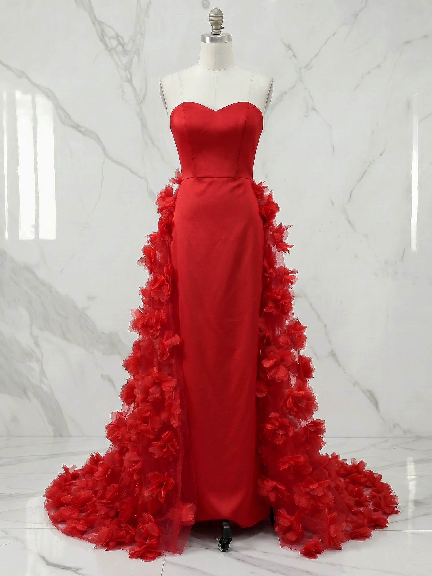 Cinematic Crimson Red Strapless Formal Evening Gown with 3D Ruffled Train
