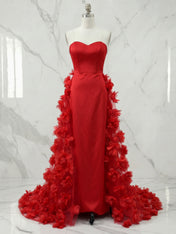 Cinematic Crimson Red Strapless Formal Evening Gown with 3D Ruffled Train
