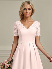 Blushing Pink A-line V-Neck Tea-Length Chiffon Lace Mother of the Bride Dress