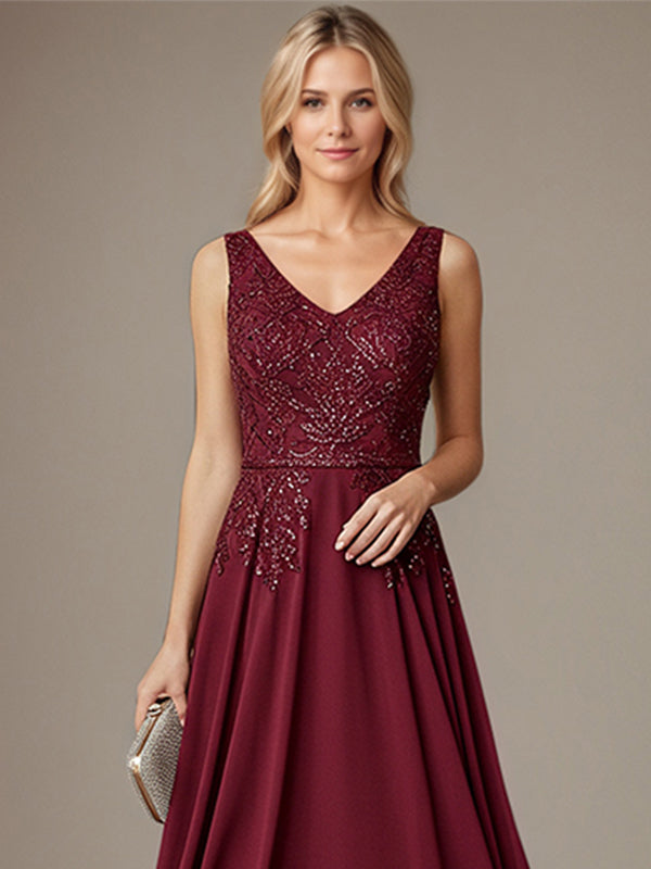 Burgundy A-line V Neck Floor-Length Lace Chiffon Mother of the Bride Dress
