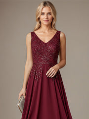 Burgundy A-line V Neck Floor-Length Lace Chiffon Mother of the Bride Dress