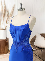 Red Mermaid Corset Spaghetti Straps Long Prom Dress with Appliques