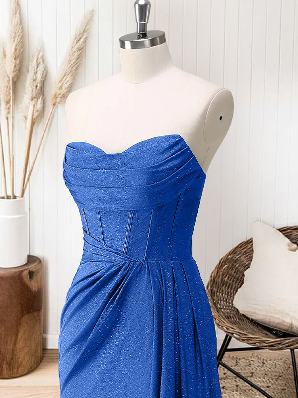 Glitter Royal Blue Strapless Mermaid Long Prom Dress with Slit