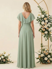 V Neck Ruffle Slit A Line Chiffon Long Bridesmaid Dresses with Belt
