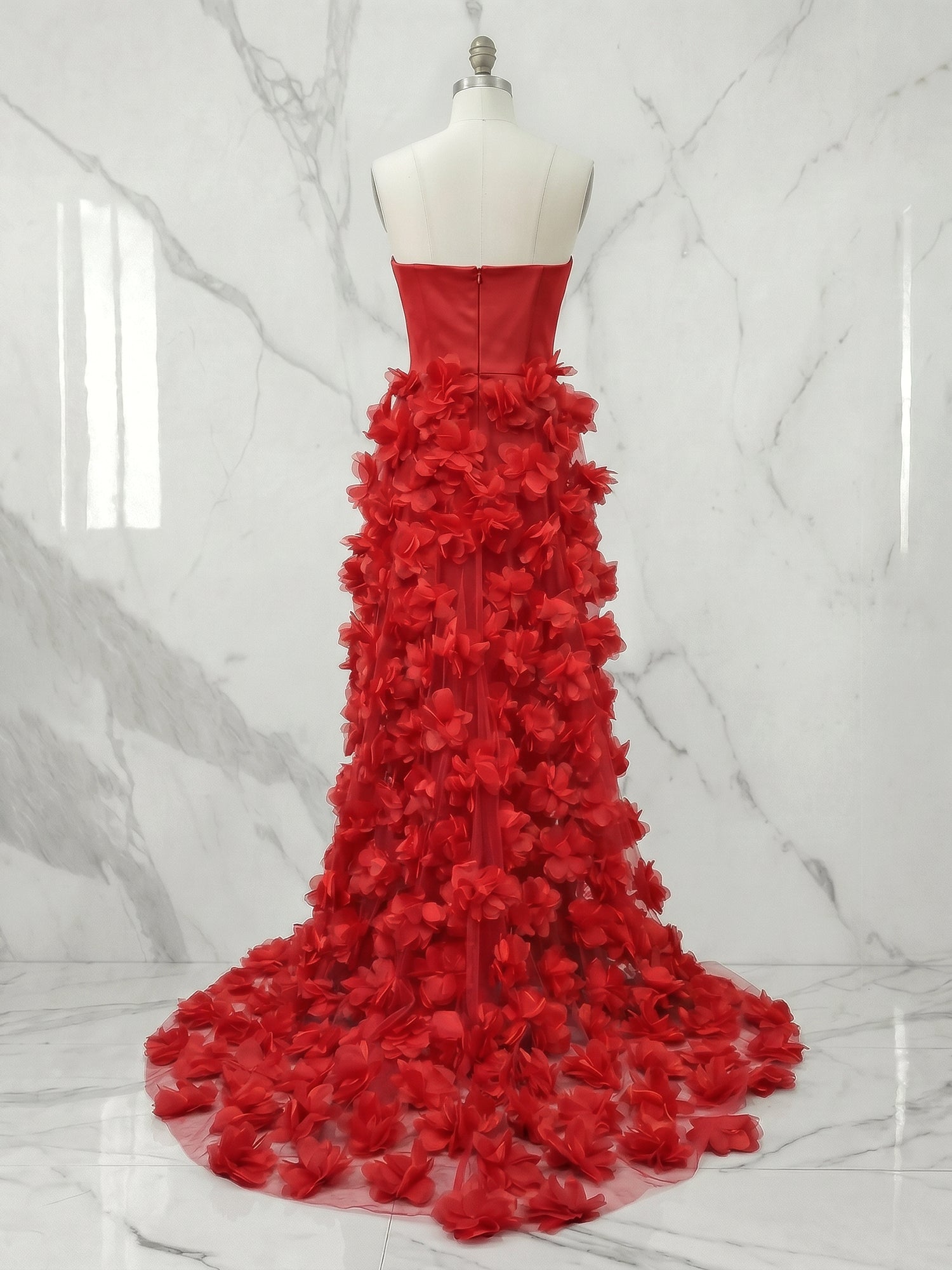 Cinematic Crimson Red Strapless Formal Evening Gown with 3D Ruffled Train