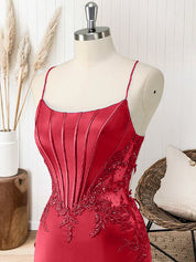 Red Mermaid Corset Spaghetti Straps Long Prom Dress with Appliques