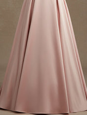 Pink A-line V-Neck Floor-Length Satin Lace Prom Dress With Sequins