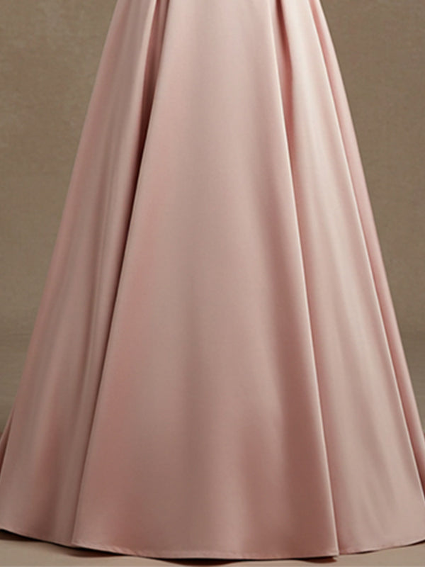Pink A-line V-Neck Floor-Length Satin Lace Prom Dress With Sequins