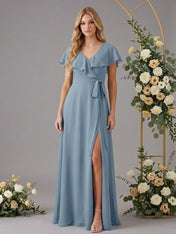 V Neck Ruffle Slit A Line Chiffon Long Bridesmaid Dresses with Belt