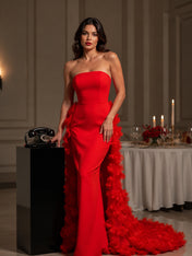 Cinematic Crimson Red Strapless Formal Evening Gown with 3D Ruffled Train