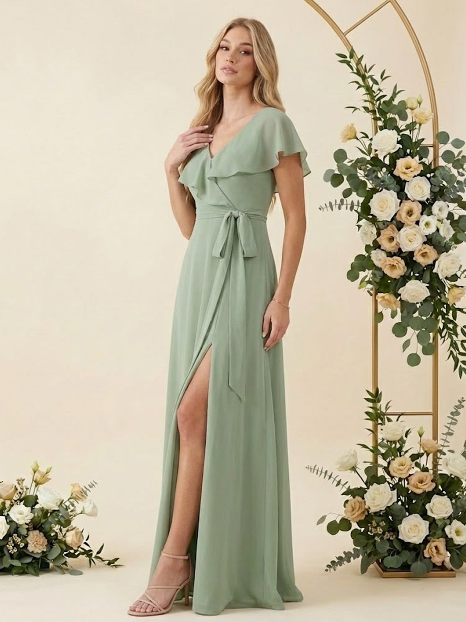 V Neck Ruffle Slit A Line Chiffon Long Bridesmaid Dresses with Belt