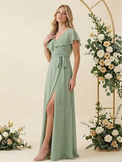 V Neck Ruffle Slit A Line Chiffon Long Bridesmaid Dresses with Belt