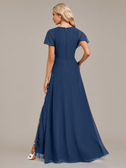 Navy Blue A-Line V Neck Floor-Length Chiffon Bridesmaid Dress With Cascading Ruffles
