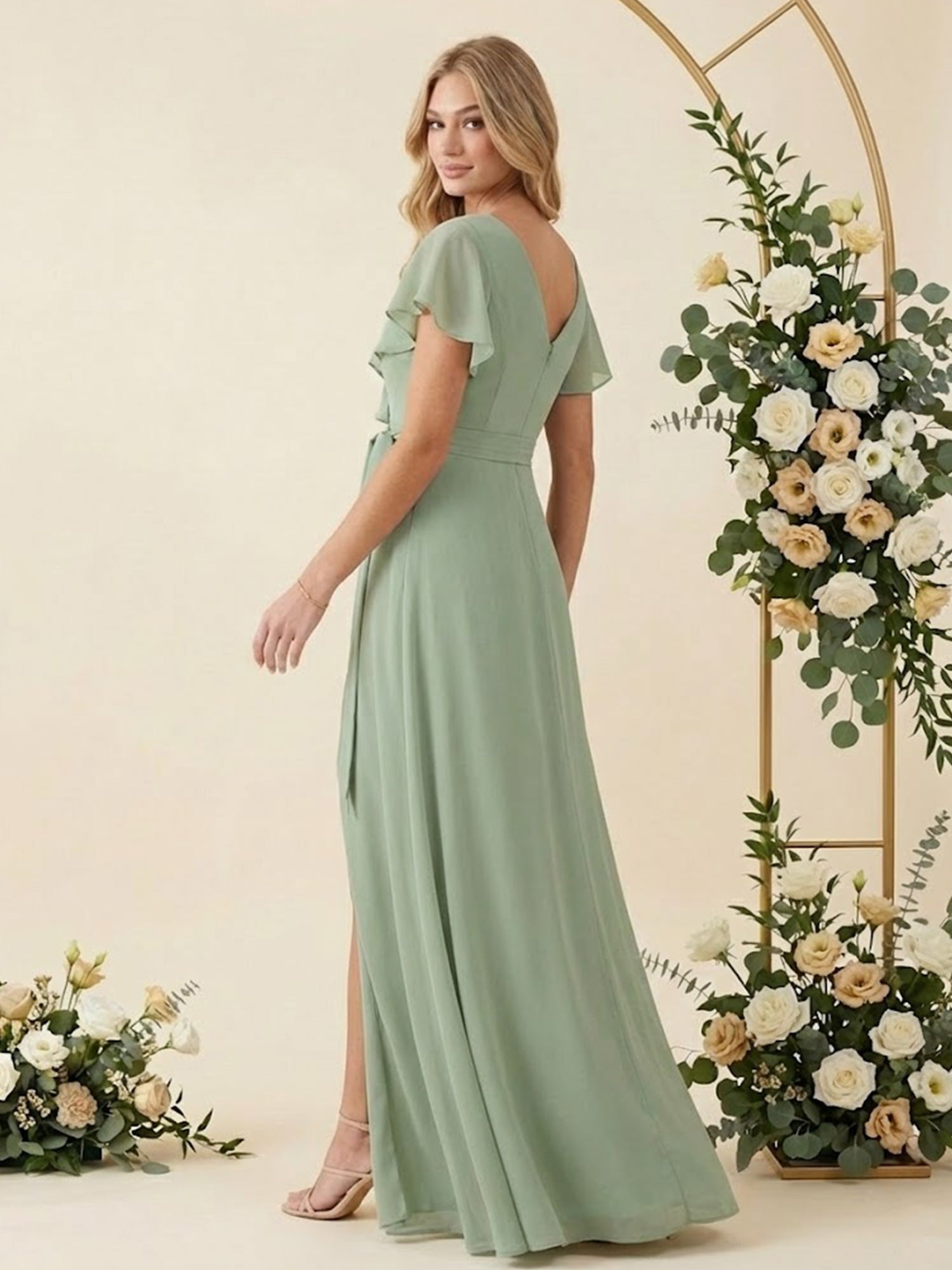 V Neck Ruffle Slit A Line Chiffon Long Bridesmaid Dresses with Belt