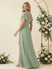 V Neck Ruffle Slit A Line Chiffon Long Bridesmaid Dresses with Belt