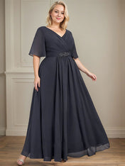 A-line V-Neck Ankle-Length Chiffon Mother of the Bride Dress With Pleated Beading Sequins