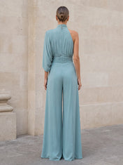 Sage Green One-Shoulder Draped Formal Evening Dress with Wide Legs