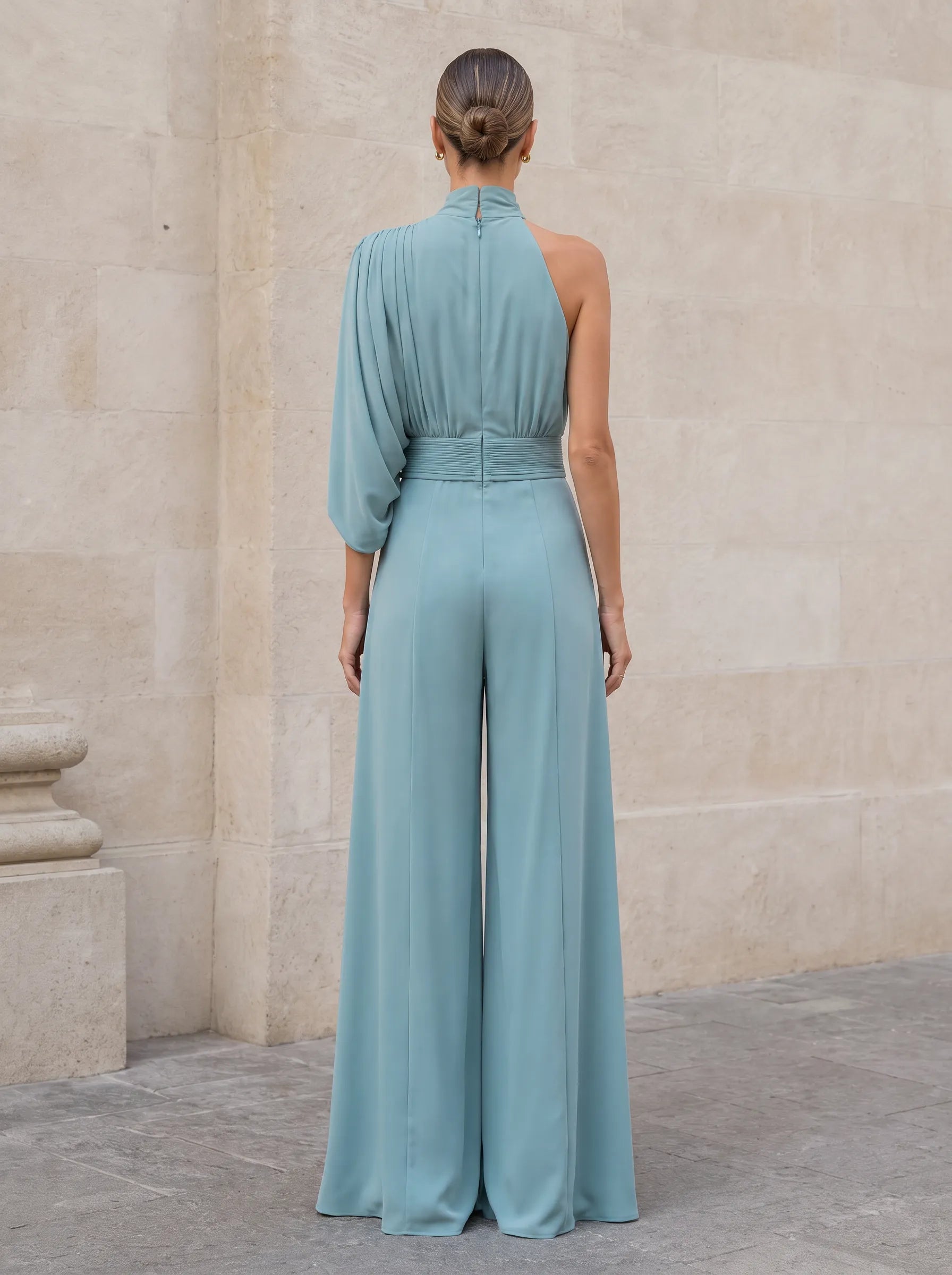 Sage Green One-Shoulder Draped Formal Evening Dress with Wide Legs