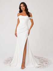 Elegant Off-the-Schouder Ruched Satin Mermaid Wedding Dress with High Slit and Chapel Train