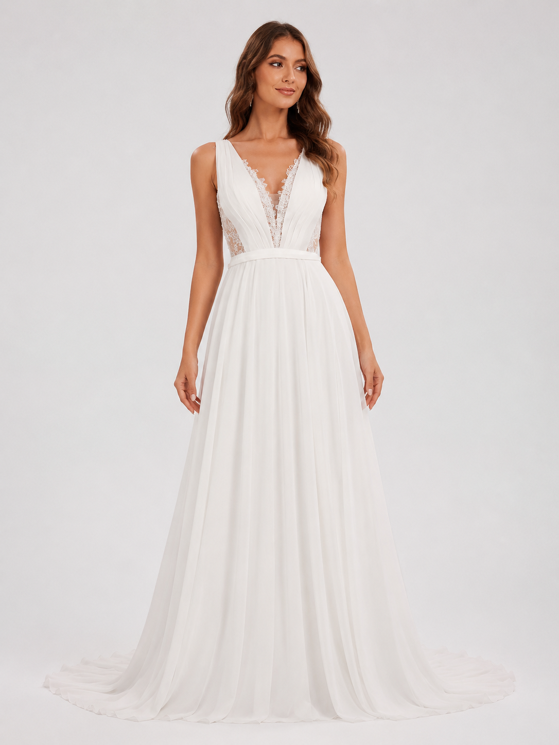 Elegant Plunging V-Neck Lace Bodice Chiffon A-Line Wedding Dress with Chapel Train