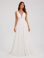 Elegant Plunging V-Neck Lace Bodice Chiffon A-Line Wedding Dress with Chapel Train