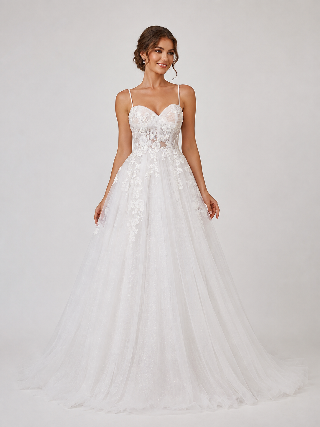 Elegant Sweetheart Lace Appliquéd Tulle A-Line Wedding Dress with Chapel Train