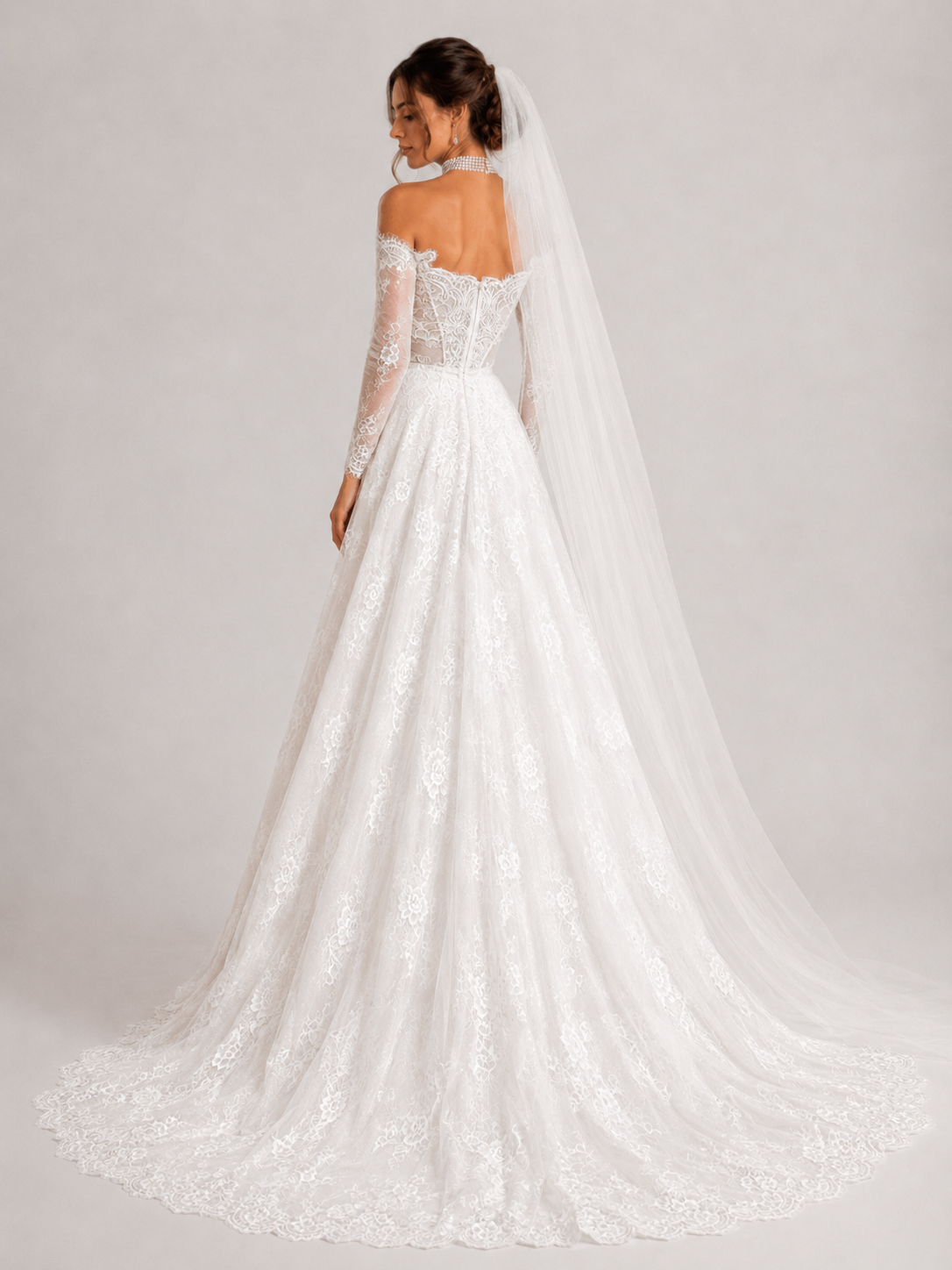 Elegant Off-the-Shoulder Lace Corset A-Line Wedding Dress with Chapel Train