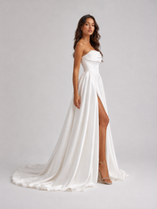 Elegant Strapless Corset Satin A-Line Wedding Dress with High Slit and Chapel Train