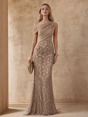 One-Shoulder Olive Green Beaded Lace Evening Dresses with Draped Bodice and Trumpet Skirt