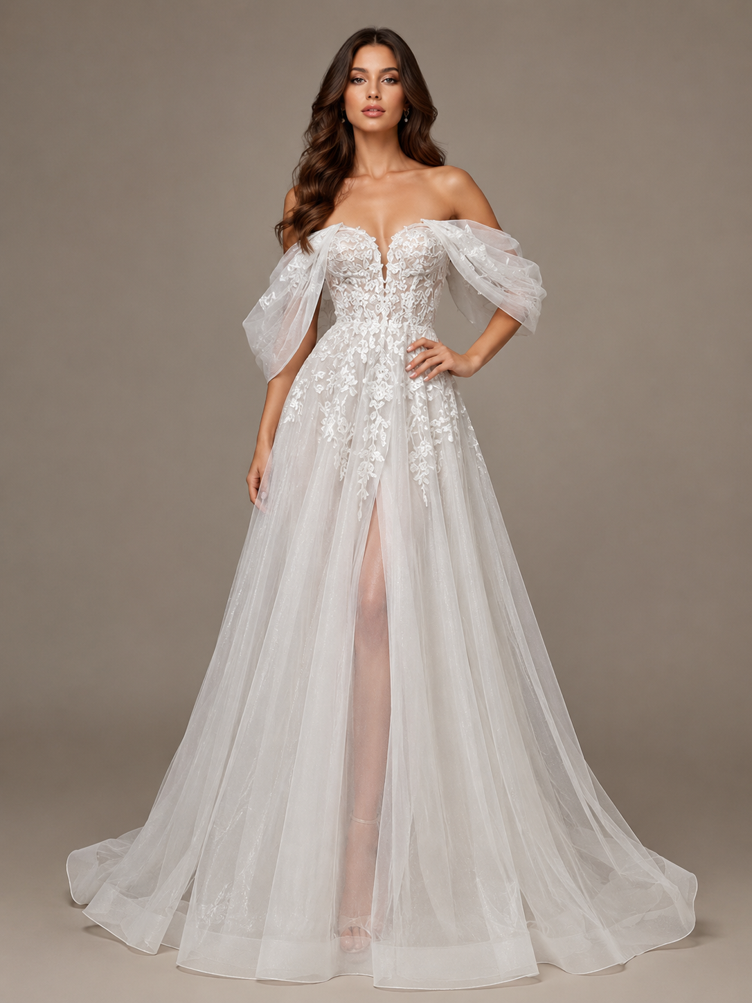 Off-The-Shoulder Sweetheart Lace Long Wedding Dresses with High Slit and Court Train