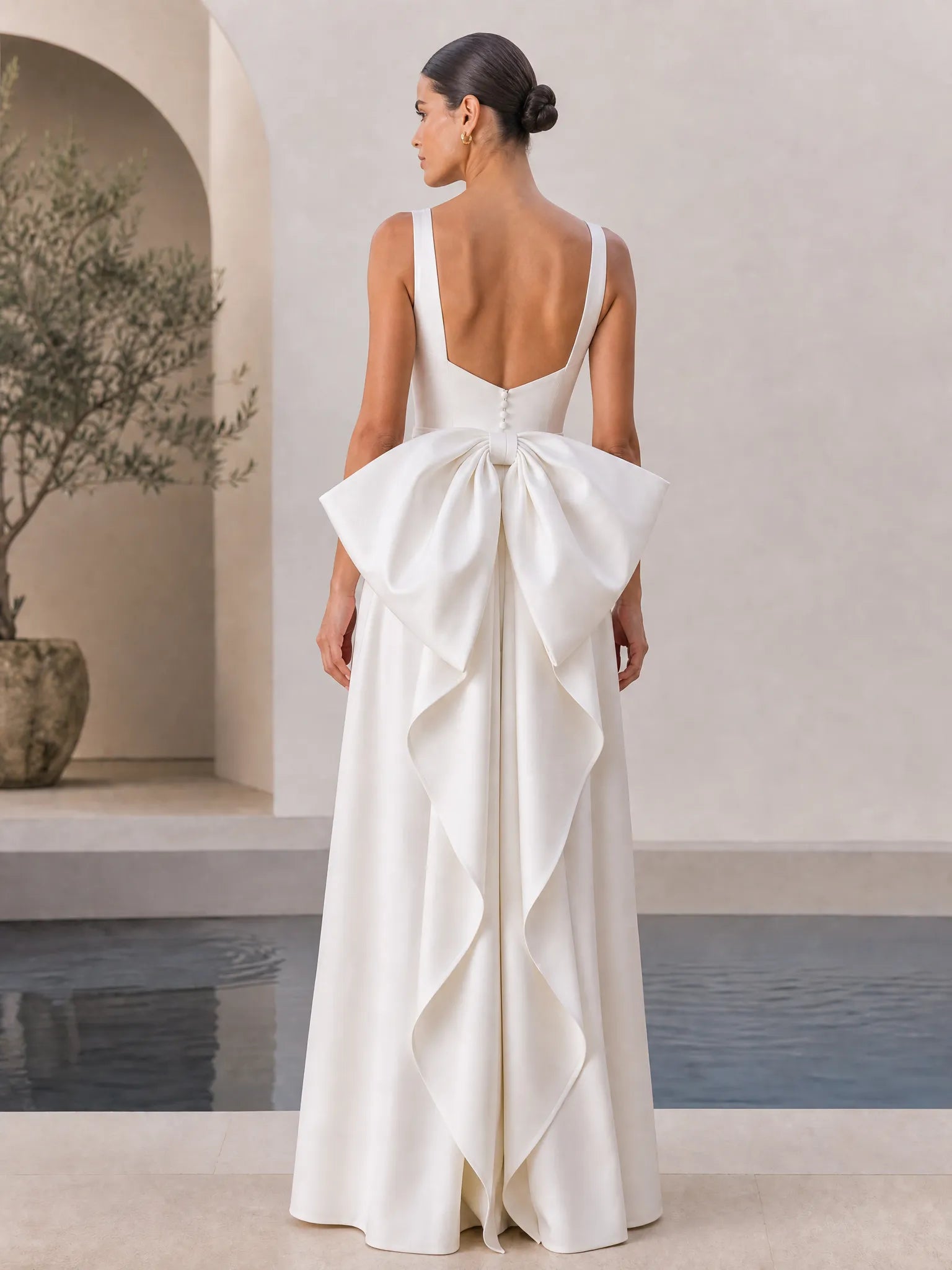 Square Neckline Wide-Leg Wedding Dress with Dramatic Back Bow Detail Bridal Suit