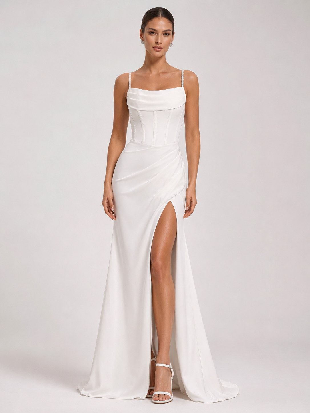 Elegant Draped Cowl-Neck Satin Sheath Wedding Dress with High Slit and Chapel Train