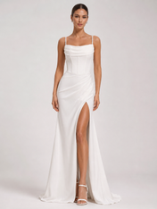 Elegant Draped Cowl-Neck Satin Sheath Wedding Dress with High Slit and Chapel Train