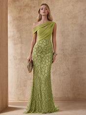 One-Shoulder Olive Green Beaded Lace Evening Dresses with Draped Bodice and Trumpet Skirt