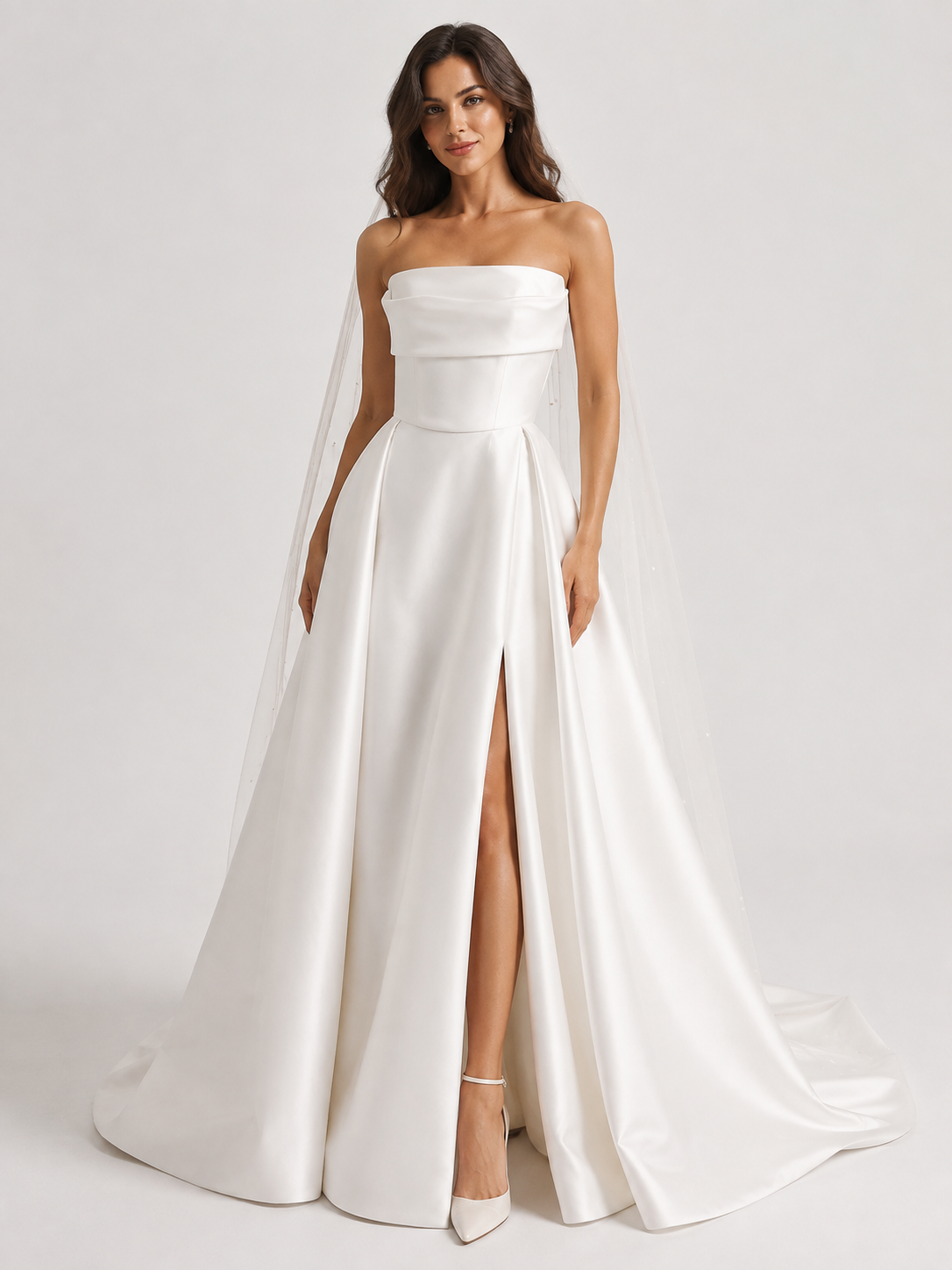 Elegant Strapless Satin A-Line Wedding Dress with High Slit and Sweep Train