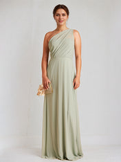 A Line Sage Chiffon One Shoulder Sleeveless Floor Length Dress