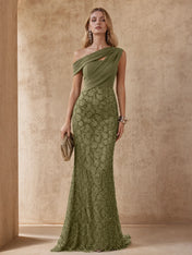 One-Shoulder Olive Green Beaded Lace Evening Dresses with Draped Bodice and Trumpet Skirt
