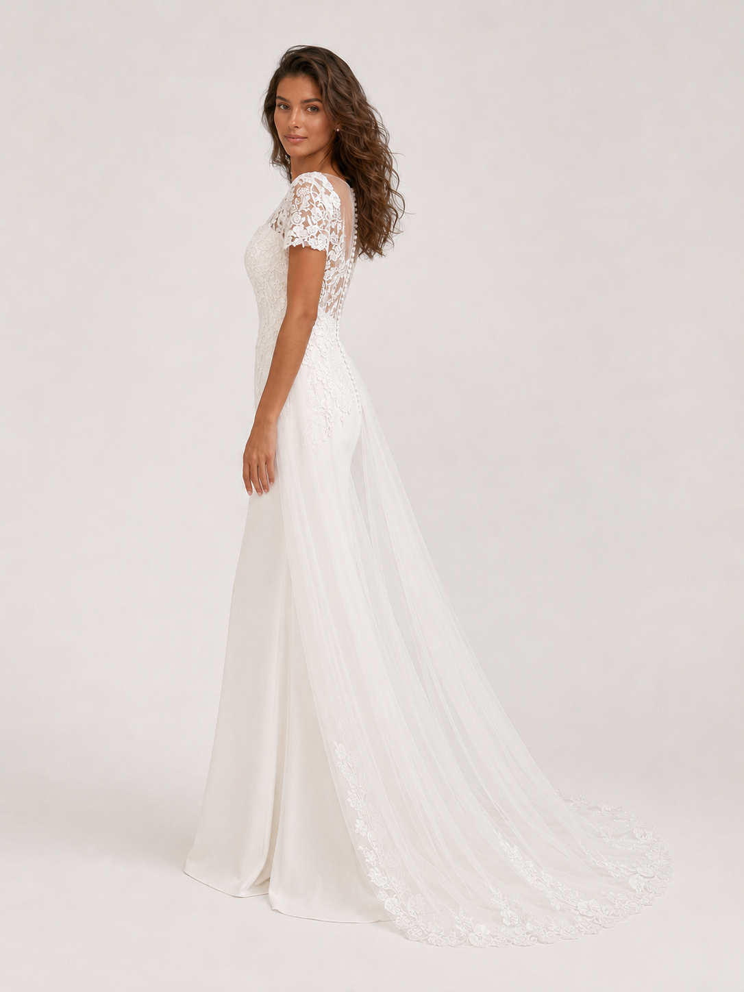 Elegant Lace Applique Short-Sleeve Mermaid Wedding Dress with Detachable Overskirt and Chapel Train