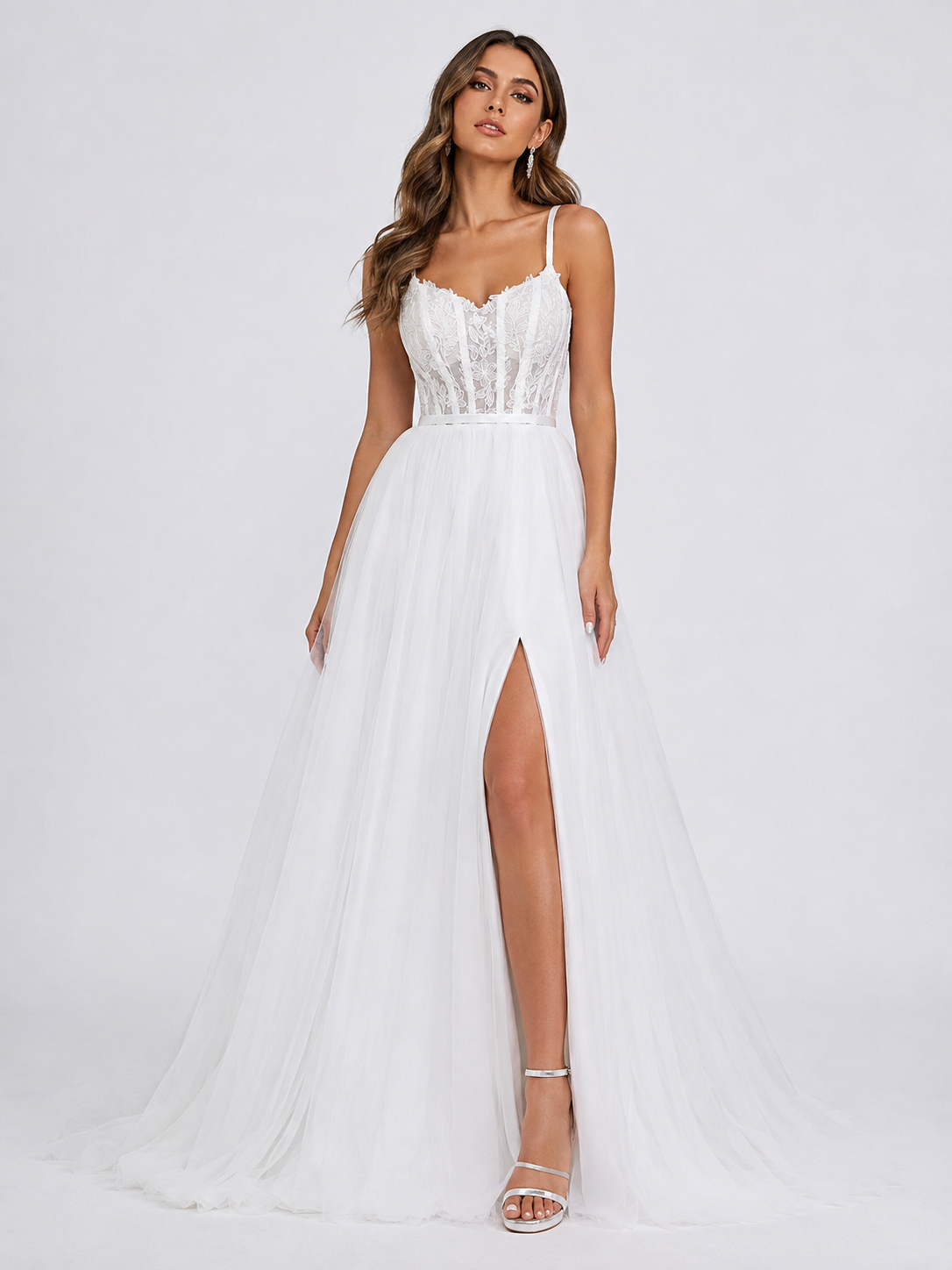Elegant Spaghetti Strap Corset Tulle A-Line Wedding Dress with High Slit and Sweep Train