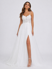 Elegant Spaghetti Strap Corset Tulle A-Line Wedding Dress with High Slit and Sweep Train