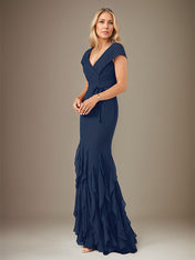 Dark Navy Chiffon V-Neck Short Sleeves Floor Length Dress