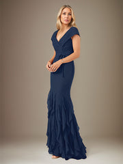 Dark Navy Chiffon V-Neck Short Sleeves Floor Length Dress