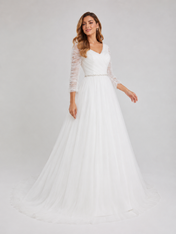 Elegant  3/4-Sleeve Ruched Tulle A-Line Wedding Dress with Chapel Train