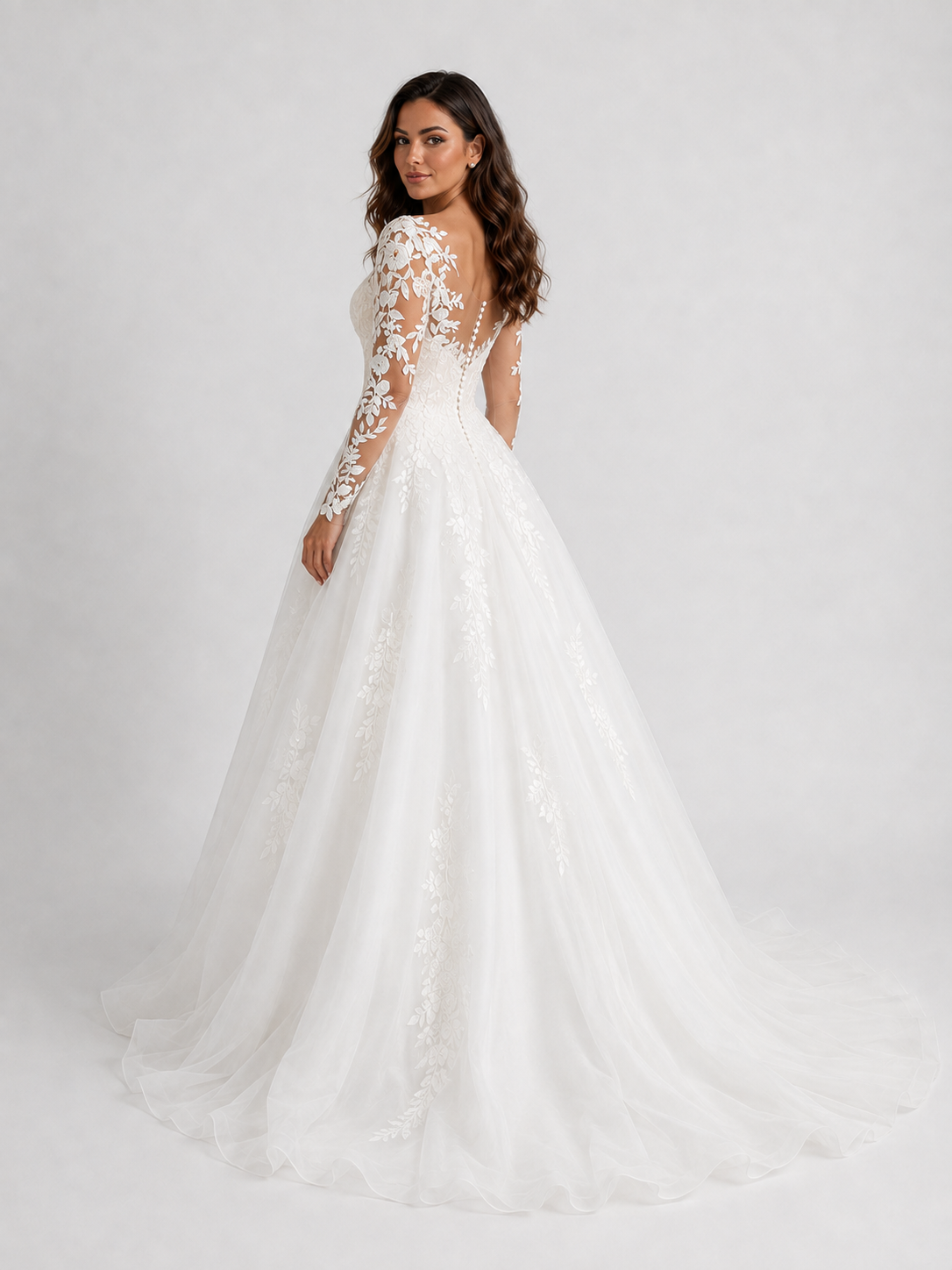 Elegant Floral Applique Tulle A-Line Wedding Dress with Sweep Train