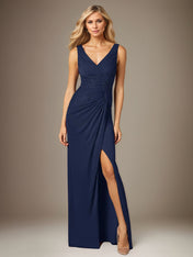 Dark Navy Chiffon V-Neck Sleeveless Floor Length Dress With High Slit