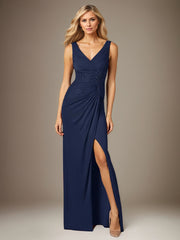Dark Navy Chiffon V-Neck Sleeveless Floor Length Dress With High Slit