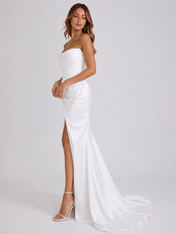 Elegant Strapless Ruched Satin Sheath Wedding Dress with High Slit and Chapel Train