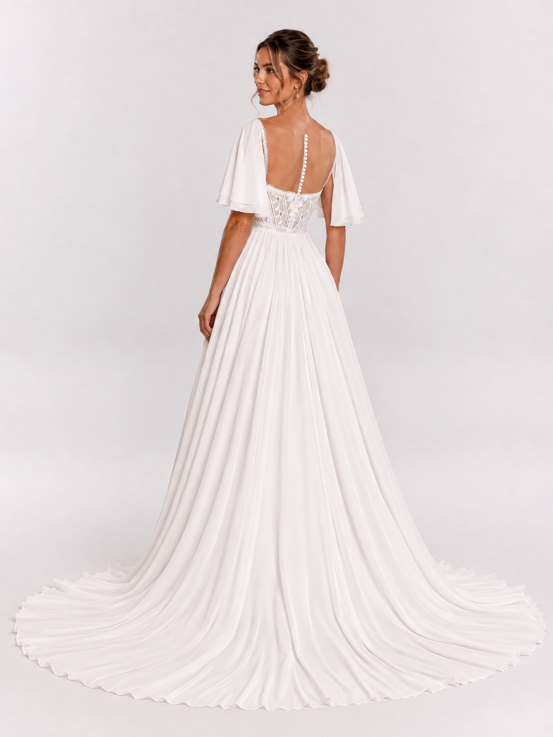 Elegant Sweetheart Lace Bodice Chiffon A-line Wedding Dress with Flutter Sleeves and High Slit